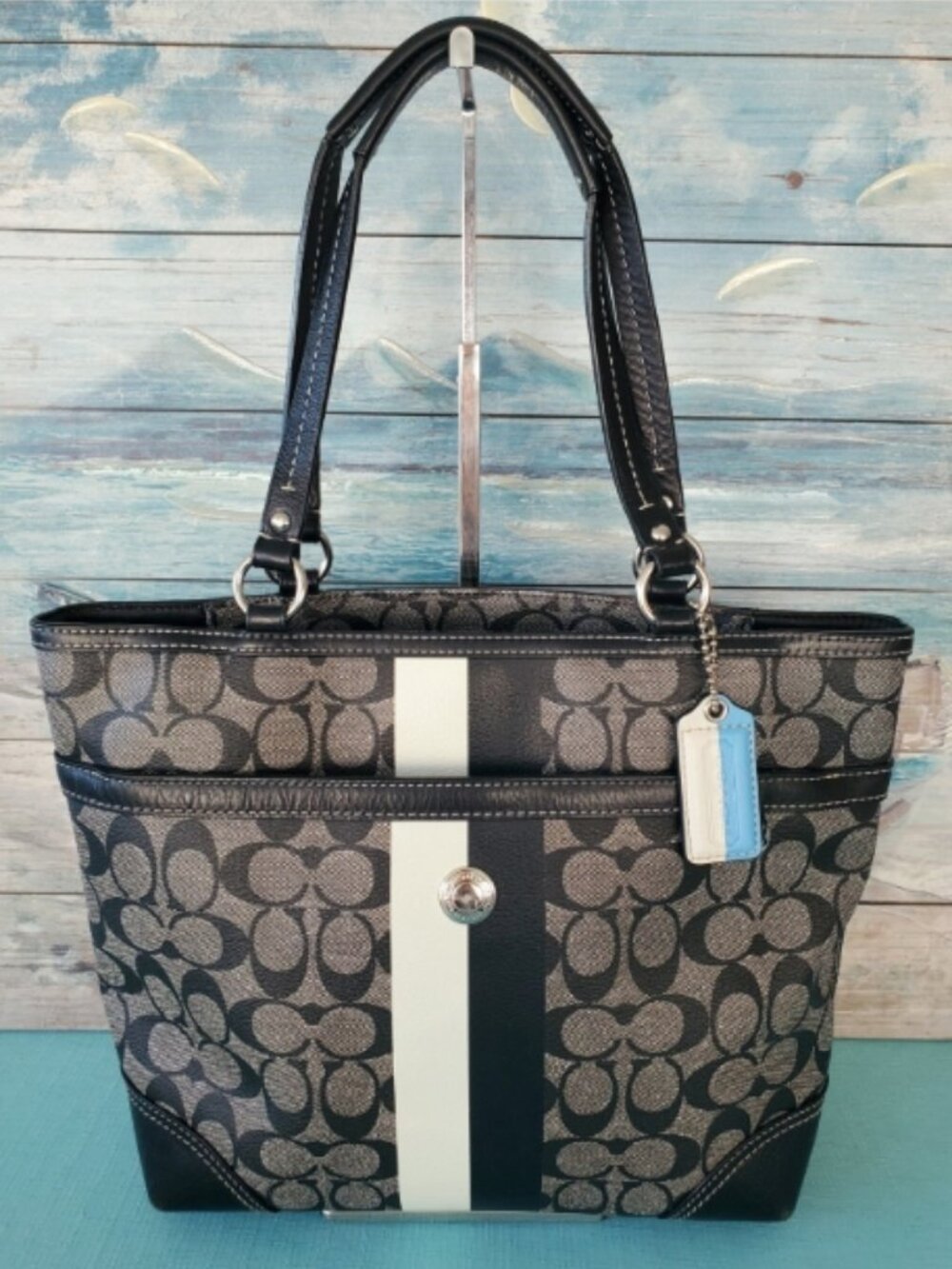 Coach Chelsea Heritage Signature Stripe Tote Bag Black White
